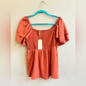 NWT Heytalala Rust Off the Shoulder Tiered Ruffle Short Sleeve Shirt Boho Blouse